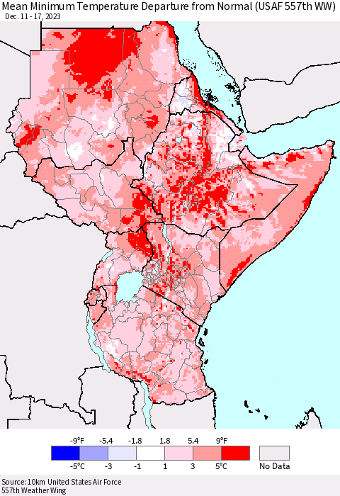 Eastern Africa Mean Minimum Temperature Departure from Normal (USAF 557th WW) Thematic Map For 12/11/2023 - 12/17/2023
