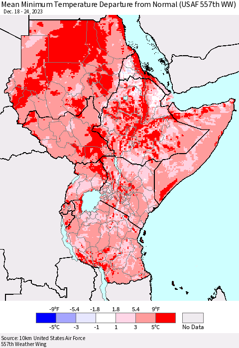 Eastern Africa Mean Minimum Temperature Departure from Normal (USAF 557th WW) Thematic Map For 12/18/2023 - 12/24/2023