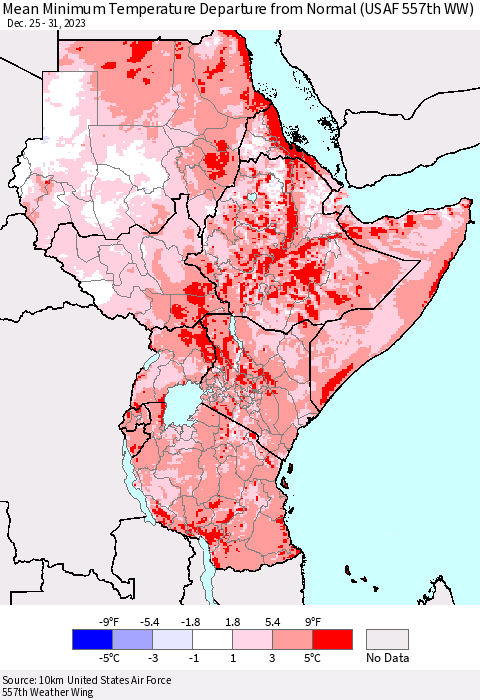 Eastern Africa Mean Minimum Temperature Departure from Normal (USAF 557th WW) Thematic Map For 12/25/2023 - 12/31/2023