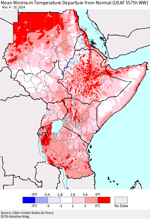 Eastern Africa Mean Minimum Temperature Departure from Normal (USAF 557th WW) Thematic Map For 3/4/2024 - 3/10/2024