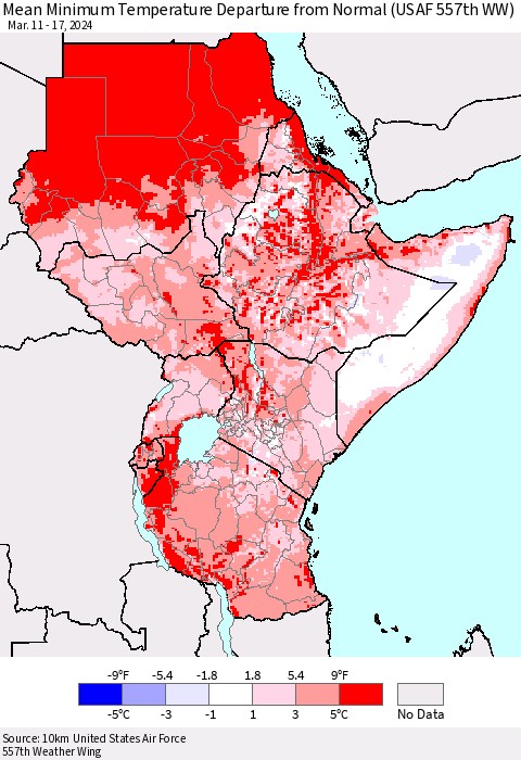 Eastern Africa Mean Minimum Temperature Departure from Normal (USAF 557th WW) Thematic Map For 3/11/2024 - 3/17/2024