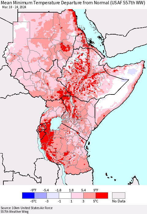 Eastern Africa Mean Minimum Temperature Departure from Normal (USAF 557th WW) Thematic Map For 3/18/2024 - 3/24/2024
