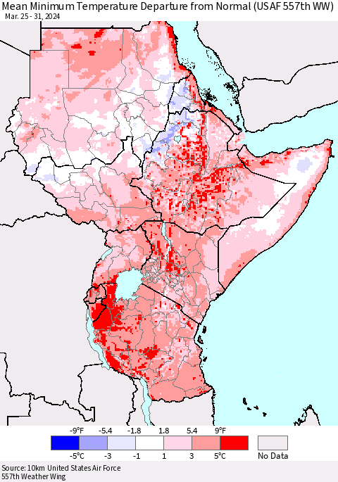 Eastern Africa Mean Minimum Temperature Departure from Normal (USAF 557th WW) Thematic Map For 3/25/2024 - 3/31/2024