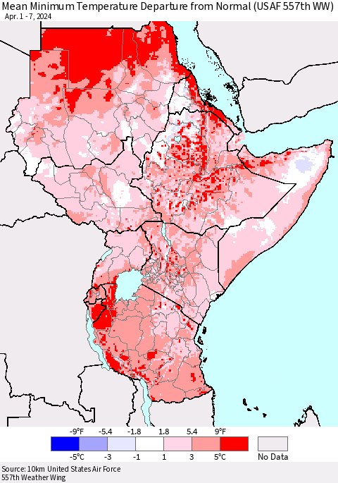 Eastern Africa Mean Minimum Temperature Departure from Normal (USAF 557th WW) Thematic Map For 4/1/2024 - 4/7/2024
