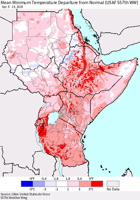 Eastern Africa Mean Minimum Temperature Departure from Normal (USAF 557th WW) Thematic Map For 4/8/2024 - 4/14/2024