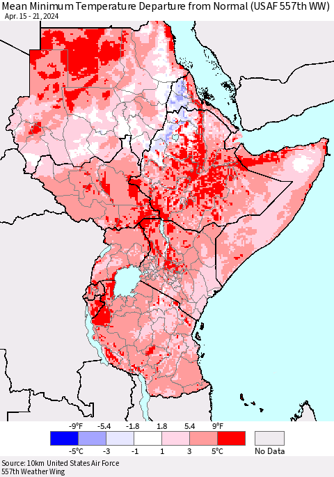 Eastern Africa Mean Minimum Temperature Departure from Normal (USAF 557th WW) Thematic Map For 4/15/2024 - 4/21/2024
