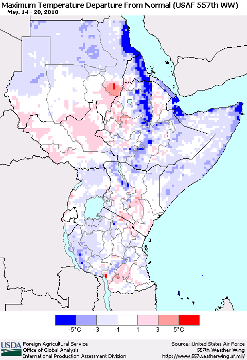 Eastern Africa Mean Maximum Temperature Departure from Normal (USAF 557th WW) Thematic Map For 5/14/2018 - 5/20/2018