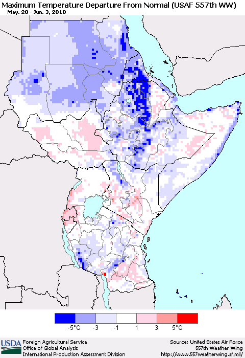 Eastern Africa Mean Maximum Temperature Departure from Normal (USAF 557th WW) Thematic Map For 5/28/2018 - 6/3/2018