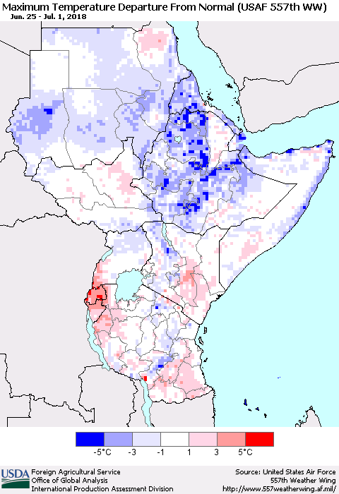 Eastern Africa Mean Maximum Temperature Departure from Normal (USAF 557th WW) Thematic Map For 6/25/2018 - 7/1/2018