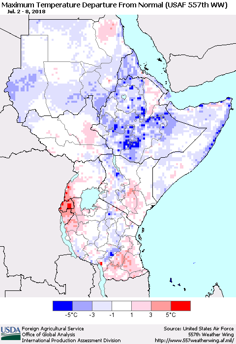 Eastern Africa Mean Maximum Temperature Departure from Normal (USAF 557th WW) Thematic Map For 7/2/2018 - 7/8/2018