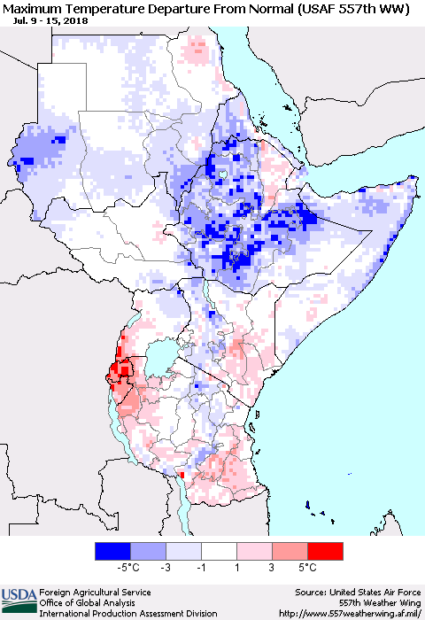 Eastern Africa Mean Maximum Temperature Departure from Normal (USAF 557th WW) Thematic Map For 7/9/2018 - 7/15/2018