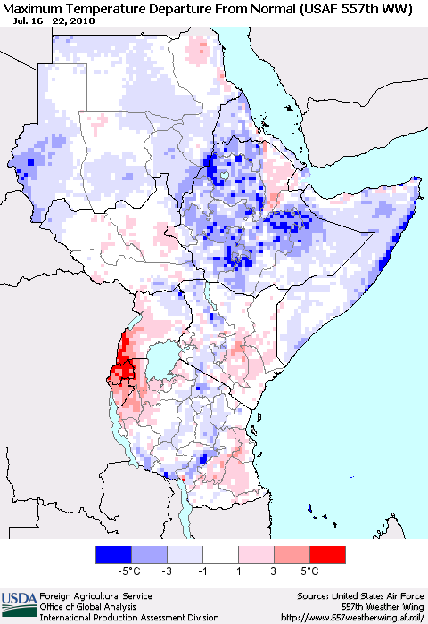 Eastern Africa Mean Maximum Temperature Departure from Normal (USAF 557th WW) Thematic Map For 7/16/2018 - 7/22/2018