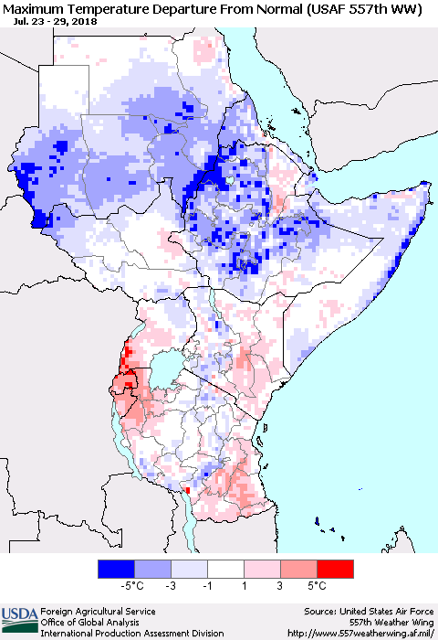 Eastern Africa Mean Maximum Temperature Departure from Normal (USAF 557th WW) Thematic Map For 7/23/2018 - 7/29/2018