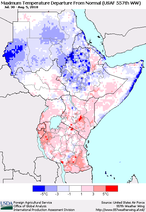 Eastern Africa Mean Maximum Temperature Departure from Normal (USAF 557th WW) Thematic Map For 7/30/2018 - 8/5/2018