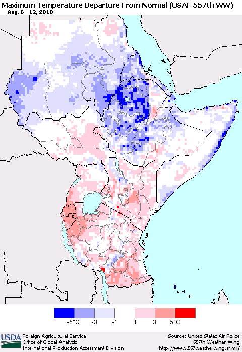 Eastern Africa Mean Maximum Temperature Departure from Normal (USAF 557th WW) Thematic Map For 8/6/2018 - 8/12/2018
