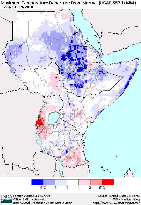 Eastern Africa Mean Maximum Temperature Departure from Normal (USAF 557th WW) Thematic Map For 8/13/2018 - 8/19/2018