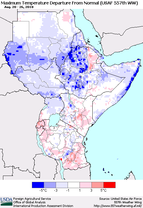 Eastern Africa Mean Maximum Temperature Departure from Normal (USAF 557th WW) Thematic Map For 8/20/2018 - 8/26/2018