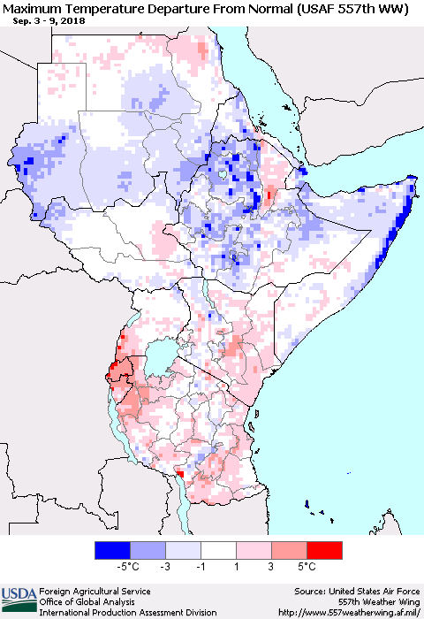 Eastern Africa Mean Maximum Temperature Departure from Normal (USAF 557th WW) Thematic Map For 9/3/2018 - 9/9/2018