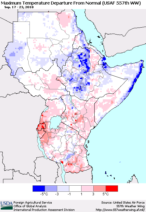 Eastern Africa Mean Maximum Temperature Departure from Normal (USAF 557th WW) Thematic Map For 9/17/2018 - 9/23/2018