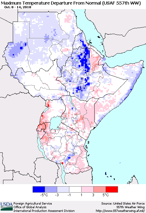 Eastern Africa Mean Maximum Temperature Departure from Normal (USAF 557th WW) Thematic Map For 10/8/2018 - 10/14/2018