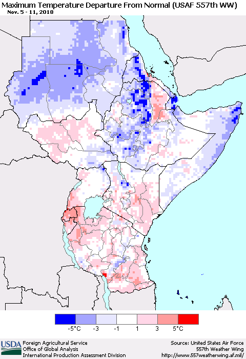 Eastern Africa Mean Maximum Temperature Departure from Normal (USAF 557th WW) Thematic Map For 11/5/2018 - 11/11/2018