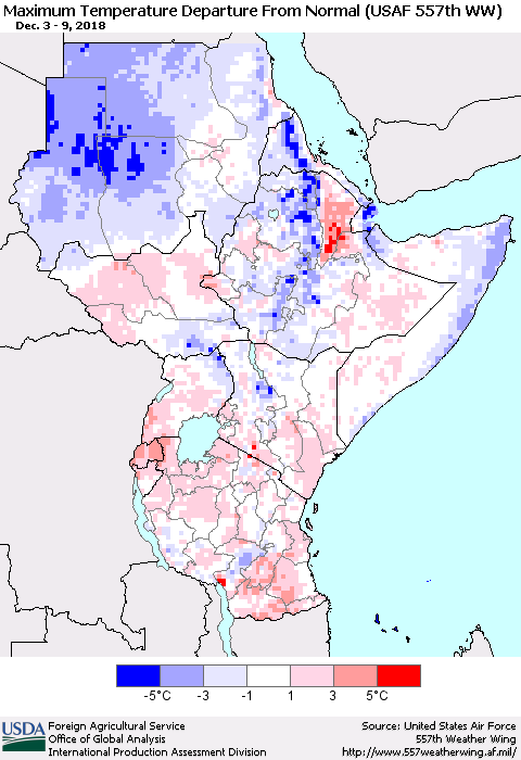 Eastern Africa Mean Maximum Temperature Departure from Normal (USAF 557th WW) Thematic Map For 12/3/2018 - 12/9/2018