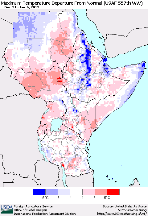 Eastern Africa Mean Maximum Temperature Departure from Normal (USAF 557th WW) Thematic Map For 12/31/2018 - 1/6/2019