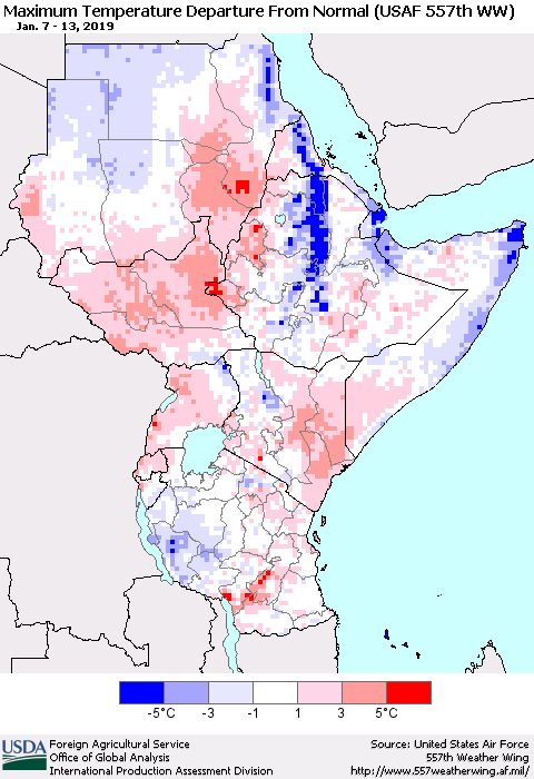 Eastern Africa Mean Maximum Temperature Departure from Normal (USAF 557th WW) Thematic Map For 1/7/2019 - 1/13/2019
