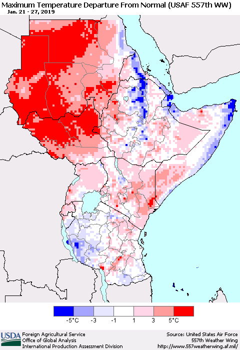 Eastern Africa Mean Maximum Temperature Departure from Normal (USAF 557th WW) Thematic Map For 1/21/2019 - 1/27/2019