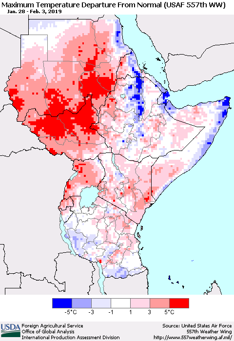 Eastern Africa Mean Maximum Temperature Departure from Normal (USAF 557th WW) Thematic Map For 1/28/2019 - 2/3/2019