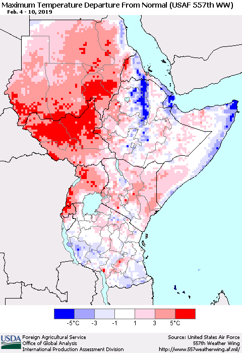 Eastern Africa Mean Maximum Temperature Departure from Normal (USAF 557th WW) Thematic Map For 2/4/2019 - 2/10/2019