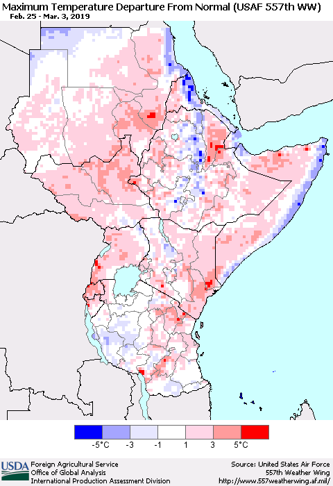 Eastern Africa Mean Maximum Temperature Departure from Normal (USAF 557th WW) Thematic Map For 2/25/2019 - 3/3/2019