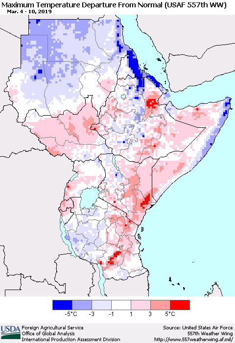 Eastern Africa Mean Maximum Temperature Departure from Normal (USAF 557th WW) Thematic Map For 3/4/2019 - 3/10/2019