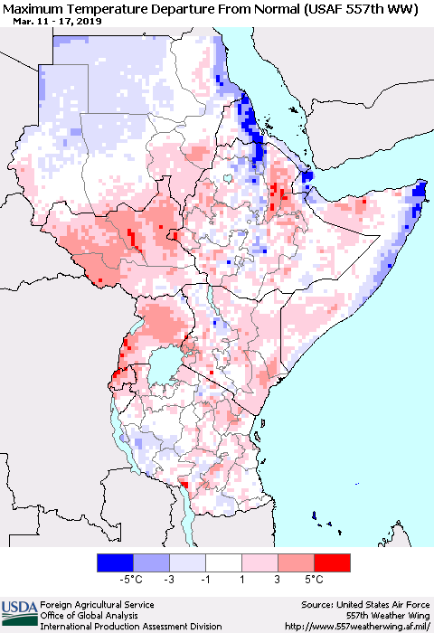 Eastern Africa Mean Maximum Temperature Departure from Normal (USAF 557th WW) Thematic Map For 3/11/2019 - 3/17/2019