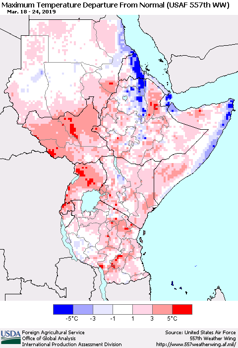 Eastern Africa Mean Maximum Temperature Departure from Normal (USAF 557th WW) Thematic Map For 3/18/2019 - 3/24/2019