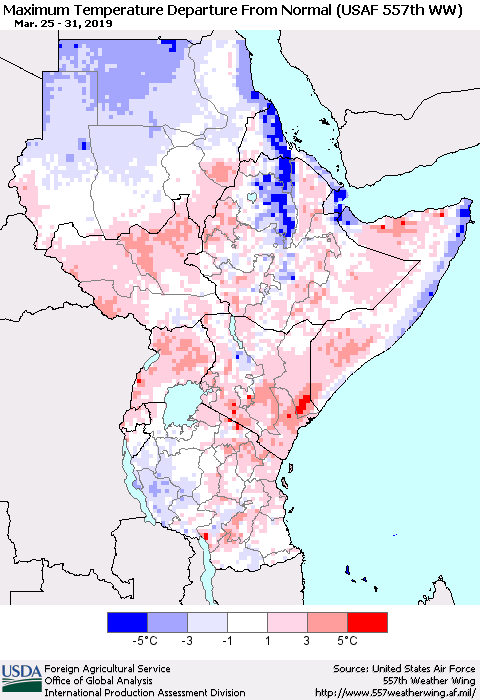 Eastern Africa Mean Maximum Temperature Departure from Normal (USAF 557th WW) Thematic Map For 3/25/2019 - 3/31/2019