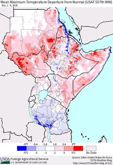 Eastern Africa Mean Maximum Temperature Departure from Normal (USAF 557th WW) Thematic Map For 3/2/2020 - 3/8/2020