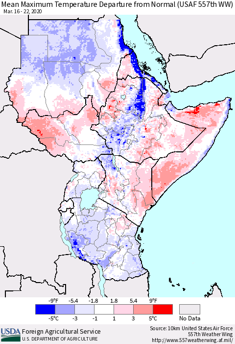 Eastern Africa Mean Maximum Temperature Departure from Normal (USAF 557th WW) Thematic Map For 3/16/2020 - 3/22/2020