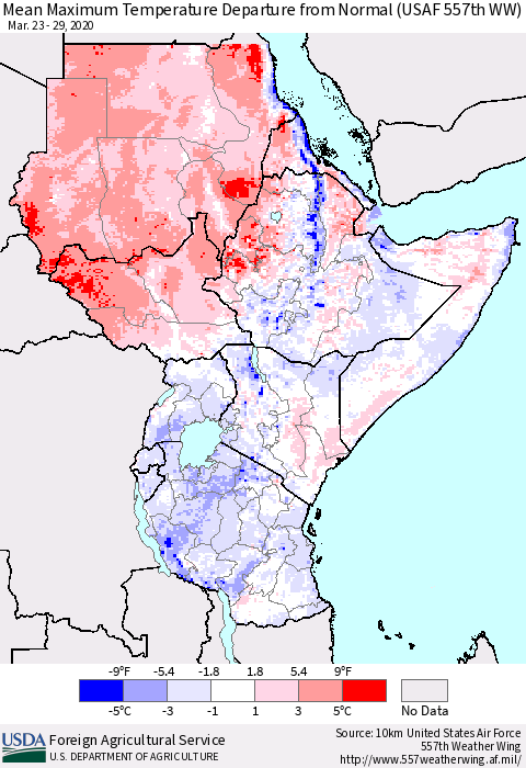 Eastern Africa Mean Maximum Temperature Departure from Normal (USAF 557th WW) Thematic Map For 3/23/2020 - 3/29/2020