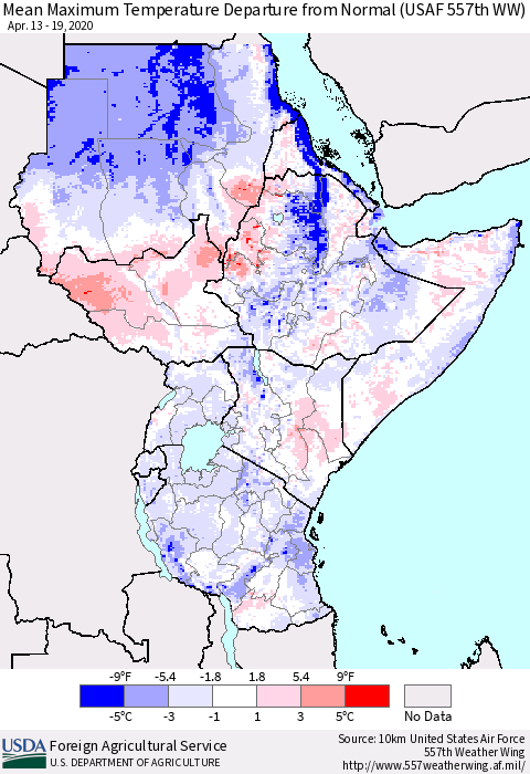 Eastern Africa Mean Maximum Temperature Departure from Normal (USAF 557th WW) Thematic Map For 4/13/2020 - 4/19/2020