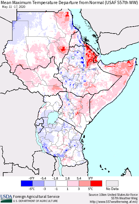 Eastern Africa Mean Maximum Temperature Departure from Normal (USAF 557th WW) Thematic Map For 5/11/2020 - 5/17/2020