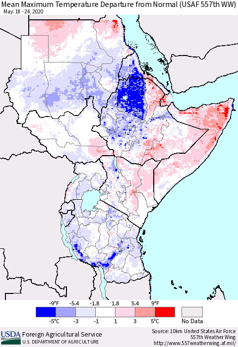 Eastern Africa Mean Maximum Temperature Departure from Normal (USAF 557th WW) Thematic Map For 5/18/2020 - 5/24/2020