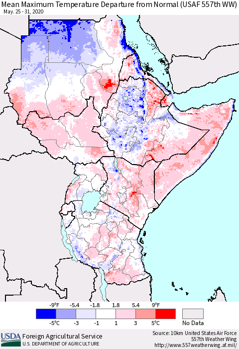 Eastern Africa Mean Maximum Temperature Departure from Normal (USAF 557th WW) Thematic Map For 5/25/2020 - 5/31/2020