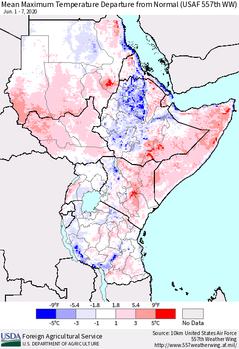 Eastern Africa Mean Maximum Temperature Departure from Normal (USAF 557th WW) Thematic Map For 6/1/2020 - 6/7/2020