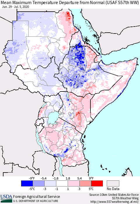 Eastern Africa Mean Maximum Temperature Departure from Normal (USAF 557th WW) Thematic Map For 6/29/2020 - 7/5/2020