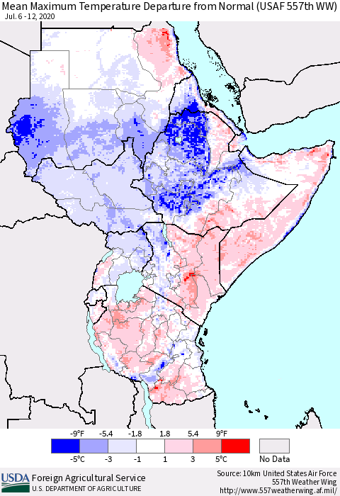 Eastern Africa Mean Maximum Temperature Departure from Normal (USAF 557th WW) Thematic Map For 7/6/2020 - 7/12/2020