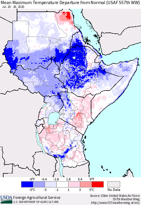 Eastern Africa Mean Maximum Temperature Departure from Normal (USAF 557th WW) Thematic Map For 7/20/2020 - 7/26/2020