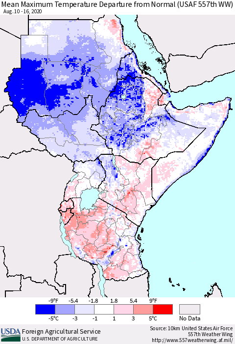 Eastern Africa Mean Maximum Temperature Departure from Normal (USAF 557th WW) Thematic Map For 8/10/2020 - 8/16/2020