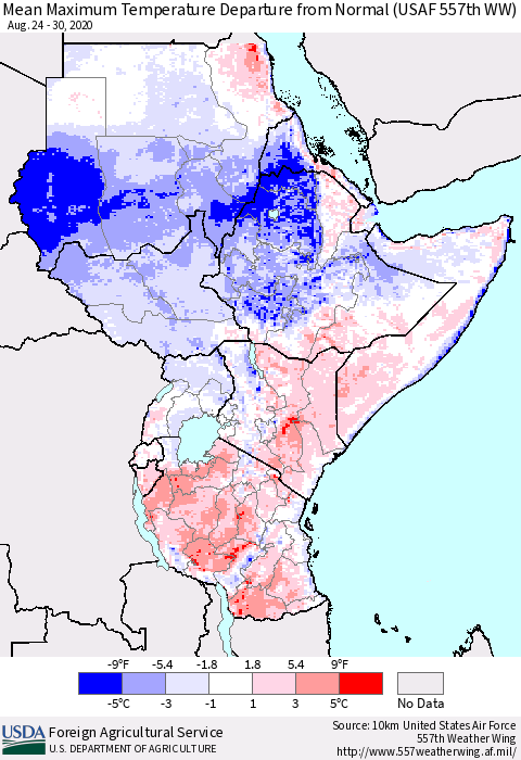 Eastern Africa Mean Maximum Temperature Departure from Normal (USAF 557th WW) Thematic Map For 8/24/2020 - 8/30/2020