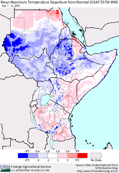 Eastern Africa Mean Maximum Temperature Departure from Normal (USAF 557th WW) Thematic Map For 9/7/2020 - 9/13/2020